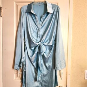 New Fall Tie Front Mini Satin Front Button Dress Lg